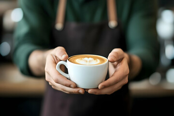 A barista presents a cup of freshly brewed coffee with foam art, showcasing a cozy cafe atmosphere full of warmth.