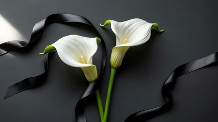 Theme of grief and mortality. White blooms paired with a mourning ribbon on a somber backdrop. Blank space. Banner.