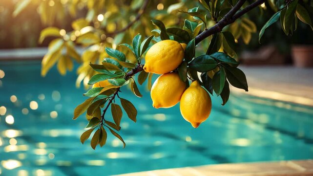 Lemon tree set against a swimming pool backdrop.