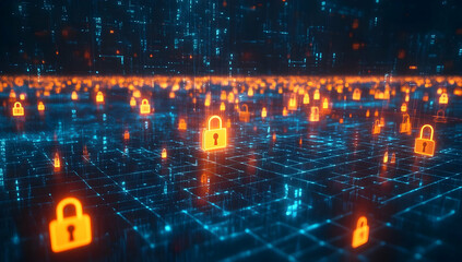 Obraz premium Futuristic digital landscape featuring glowing locks symbolizing cybersecurity and data protection in a vast network.