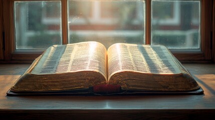 Ancient Book of Wisdom: Open Bible on Wooden Windowsill Bathed in Sunlight
