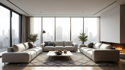 Fototapeta premium Modern Living Room Interior with City View and Cozy Fireplace