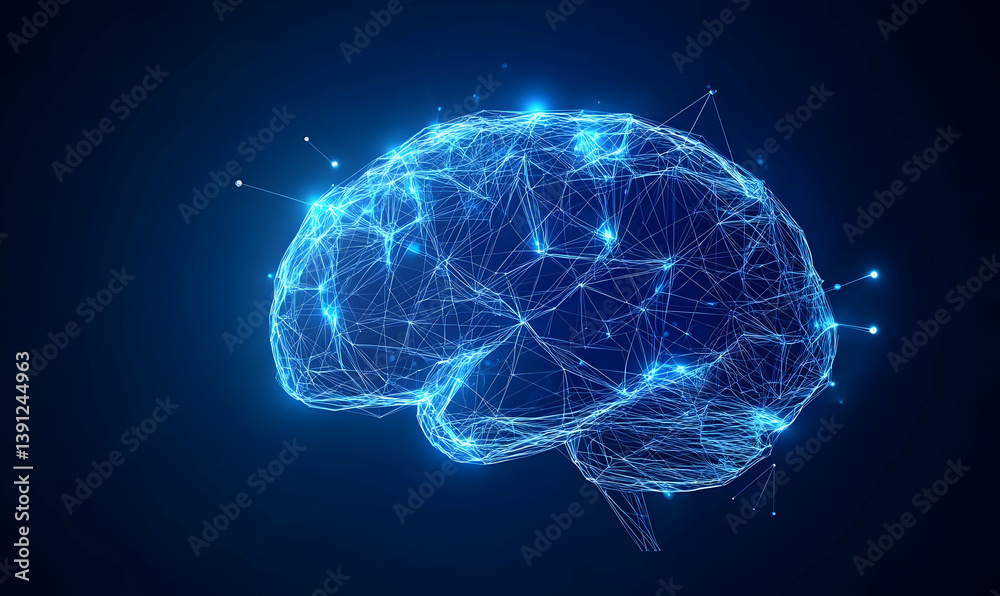 Poster a futuristic digital brain representation connected by glowing nodes, symbolizing artificial intelli