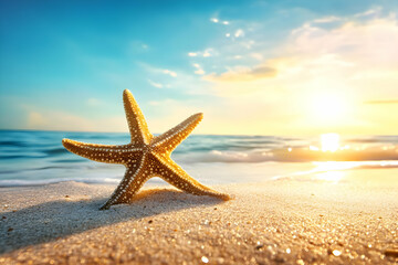 A beautiful starfish on a sandy beach during sunset, embodying the beauty of nature and coastal tranquility.