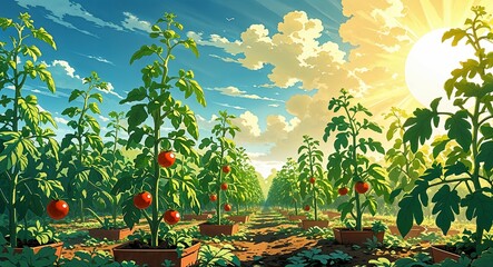 A row of lush green tomato plants growing in the sun anime cartoon style illustration artwork design background
