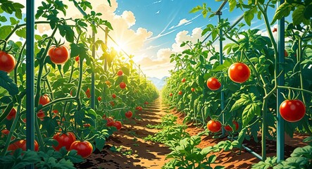 A row of lush green tomato plants growing in the sun anime cartoon style illustration artwork design background