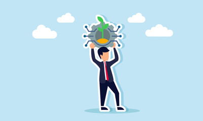 A businessman lifting a gear with a plant and electrical circuit ornament, illustration of a business system or sector that is eco-friendly and green