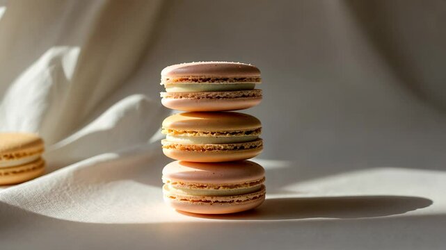 Three stacked beige macarons in soft pastel colors.