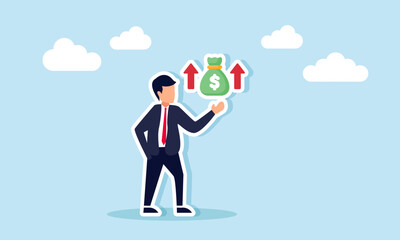 A businessman showing a money bag with an upward arrow sign, illustration of improved financial performance in business