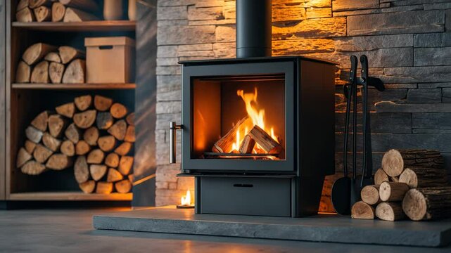 Wood-burning stove with firewood, fire tools, and briquettes included.