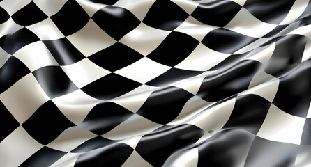 A close-up view of a flowing checkered flag pattern in black and white, showcasing its elegant texture and dynamic movement.