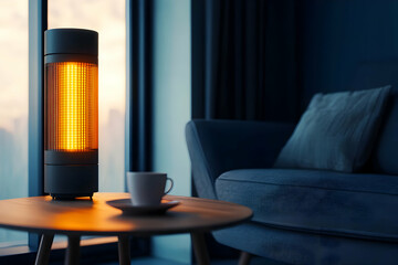 A cozy living room scene featuring a warm lamp and a cup of tea, perfect for relaxation and comfort in a modern setting.