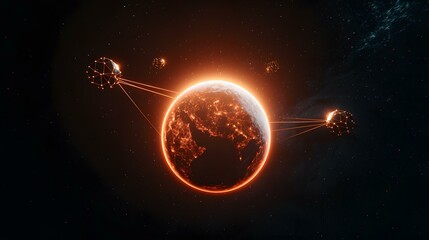 Obraz premium A fiery, glowing planet is shown in space, orbited by several glowing, geometric satellites connected by bright orange lines.