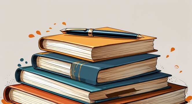 A stack of legal briefs with a fountain pen resting on top anime cartoon style illustration artwork design background