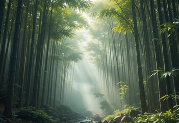 Sunlight filters through tall bamboo trees in a tranquil forest