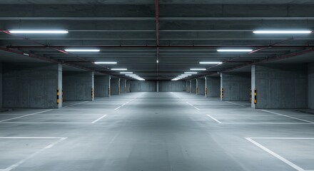 Obraz premium Line of several empty parking lots in an open garage with concrete wall
