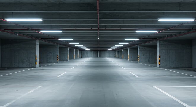 Line of several empty parking lots in an open garage with concrete wall