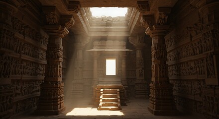 Carvings and reliefs inside sacred Hindu temple. Artworks, columns and altar in the 10th century indian temple.