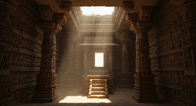 Carvings and reliefs inside sacred Hindu temple. Artworks, columns and altar in the 10th century indian temple.