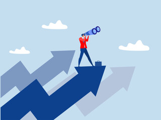 Search more opportunities,businessman climb up rising arrow with big telescope spyglass future growth or vision, profit and earning forecast concept
