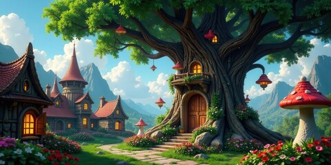 Obraz premium Enchanted Village nestled beside a whimsical tree house with glowing windows and a stone pathway, surrounded by vibrant flowers and towering mountains