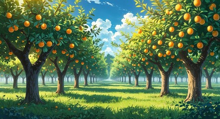 A vast orchard with fruit trees bearing ripe produce anime cartoon style illustration artwork design background