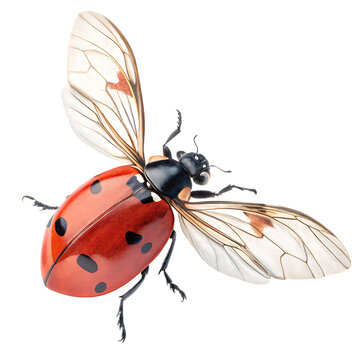 Top down perspective of a ladybug flying in motion with wings spread over a natural background