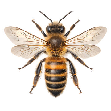 Top down view of a flying bee with wings fully spread in motion against a blurred background