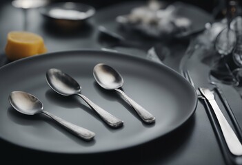 restaurant black dinner dishes party invitation table menus plate spoons copyspace advertising gray concept celebration dining copy space vignette lunch spoon view eatery dish meal diet kitchen