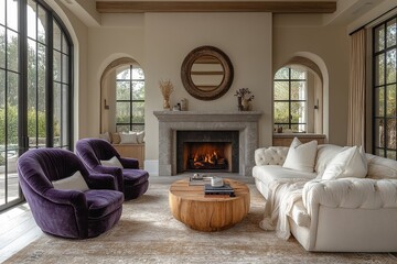 : Classic living room with arched fireplace, purple velvet armchairs, cream sofa, and vintage mirror. Bright windows and warm accents create a cozy, European-inspired space.
