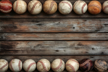 A collection of vintage baseballs arranged on a weathered wooden surface, perfect for sports enthusiasts and nostalgic themes.
