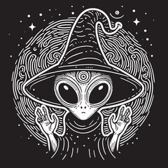 An alien wizard in a witch's hat, surrounded by cosmic patterns and a mystical aura.