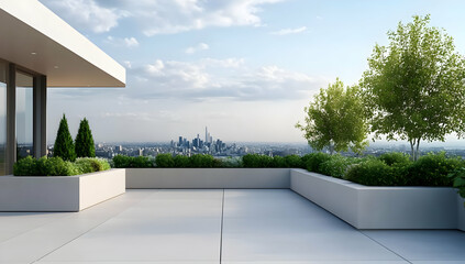 Fototapeta premium A modern rooftop terrace with greenery and a city skyline view, offering a perfect blend of nature and urban living.