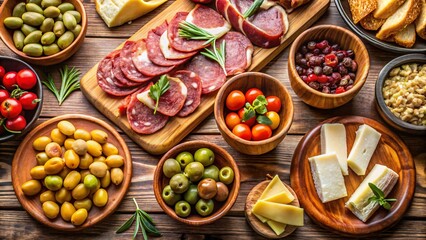 A Culinary Fiesta: A vibrant assortment of gourmet antipasti and charcuterie, a feast for the eyes and a delight to the palate. Delicious meats, cheeses, olives, tomatoes, and bread await.