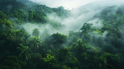 Misty forest scenery showing lush greenery and high rising mountains