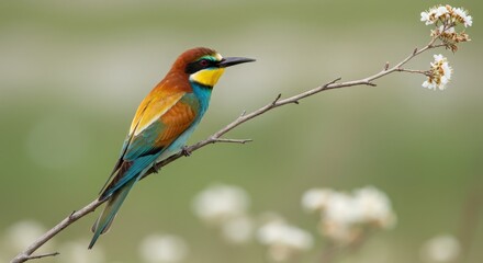 Fototapeta premium Colorful bird perches gracefully on branch as soft flowers bloom in the blurred background