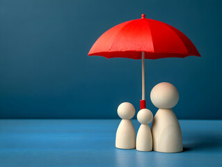 A family of wooden figurines huddles under a bright red umbrella, symbolizing protection and unity against a blue background.