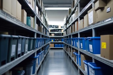 Fototapeta premium Organized warehouse interior, filled with shelving and storage containers