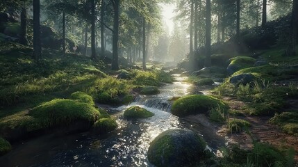 Obraz premium Sunlit stream flows through a mossy forest.