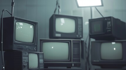 Vintage televisions stacked together showcasing retro technology in a modern setting.