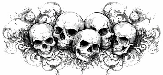 Fototapeta premium Intricate illustration of five skulls adorned with decorative swirls, symbolizing mortality and artistic expression in dark themes.