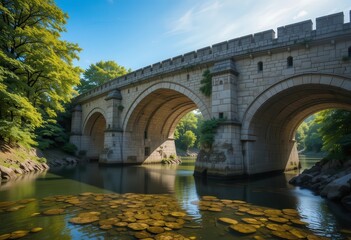 Fototapeta premium Beautiful stone bridge over a calm river lined with lush greenery