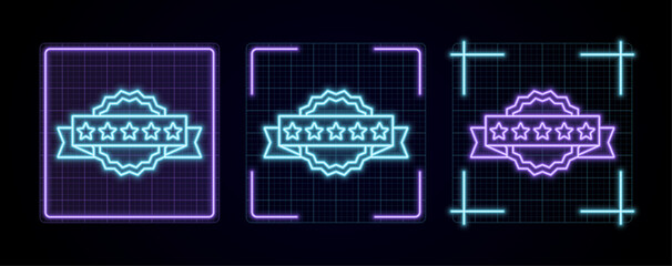 5-star badge illustration, cyber neon visual, glowing border grid vector.