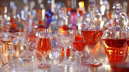 Collection of crystal glassware with red liquid.