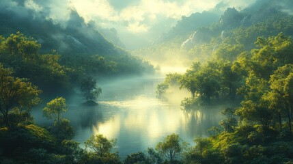Misty forest valley landscape