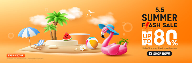 ummer podium flash sale, pink flamingo inflatable swimming pool, coconut trees, beach umbrella on island beach banner design, cloud and sky on orange background © Sarunyu_foto