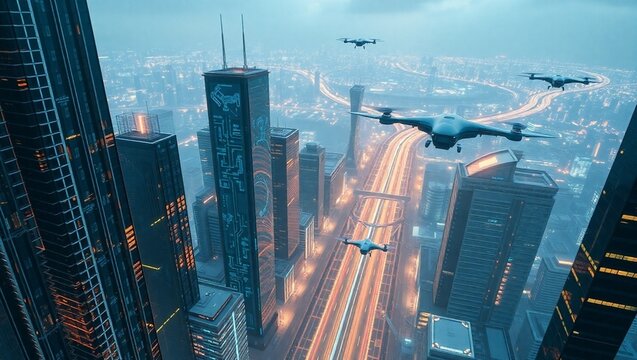 drones flying in the city, Dense Cityscape view, ai generated