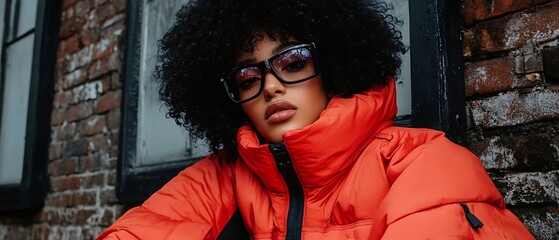 Woman in puffer jacket urban setting