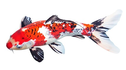A vibrant red and white koi fish is beautifully isolated on a white background, a creation of generative AI. The striking contrast between the vivid colors of the koi fish and the pure white backdrop 