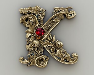 Detailed ornamented golden letter K decorated with gemstones and designs